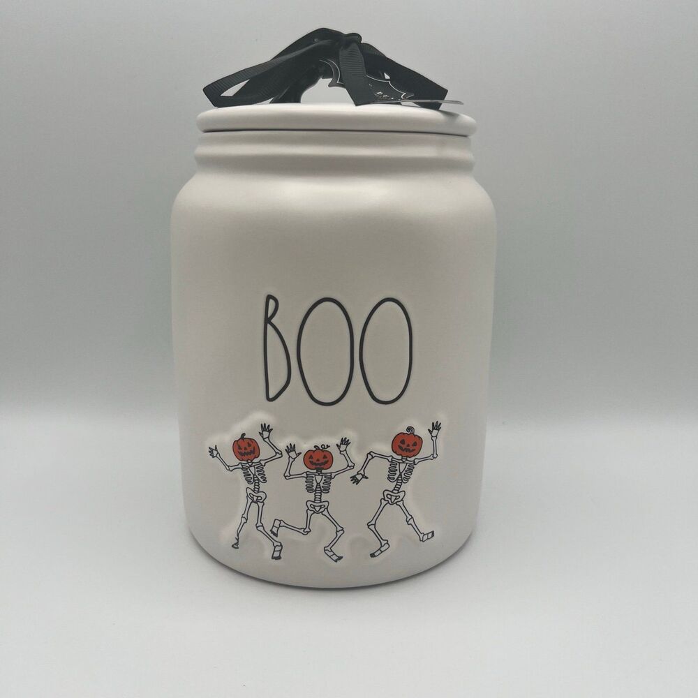 Rae Dunn Halloween Canister Candy Jar BOO Skeletons , New 7 Inch